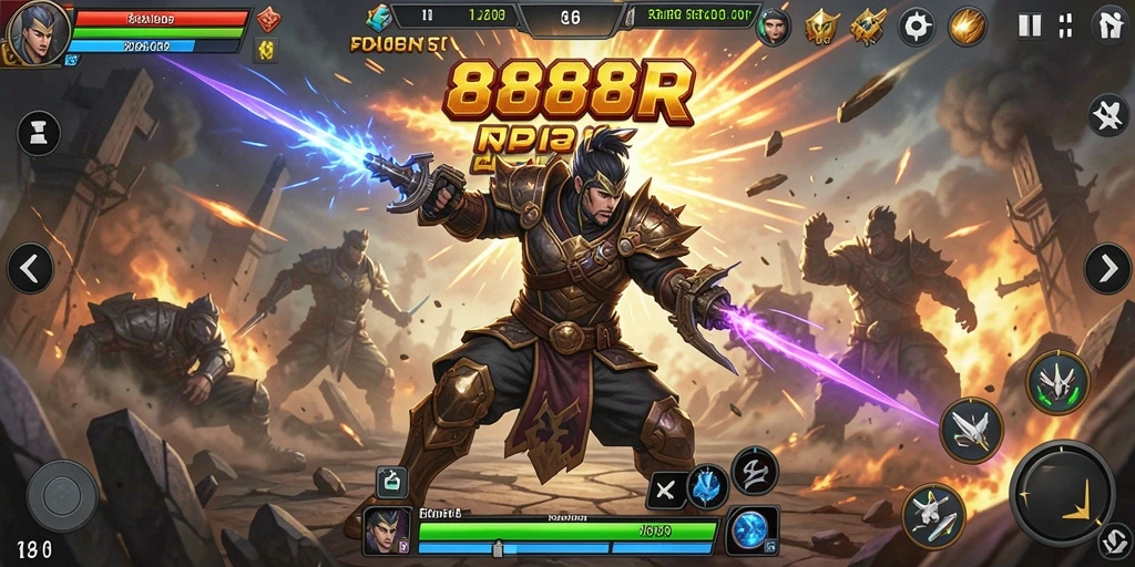 Screenshot utama 888R menampilkan pertarungan epik karakter dalam arena.