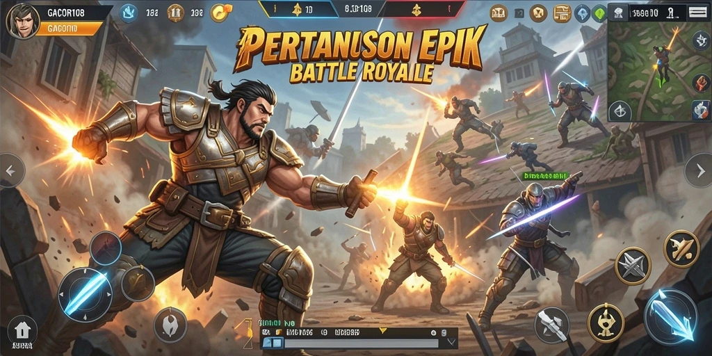 Screenshot GACOR108 menampilkan aksi Battle Royale yang seru dan penuh strategi.
