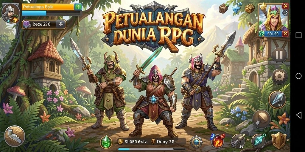 Screenshot utama HARAPJP menampilkan pertempuran epik dalam dunia RPG.
