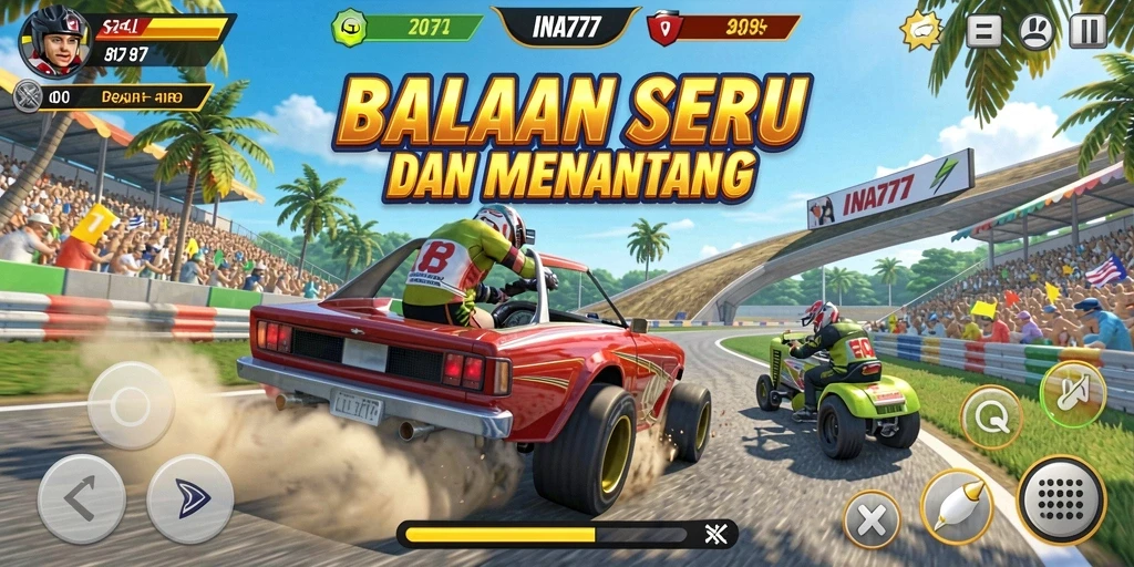 Tangkapan layar utama yang menampilkan aksi balapan seru dalam INA777.