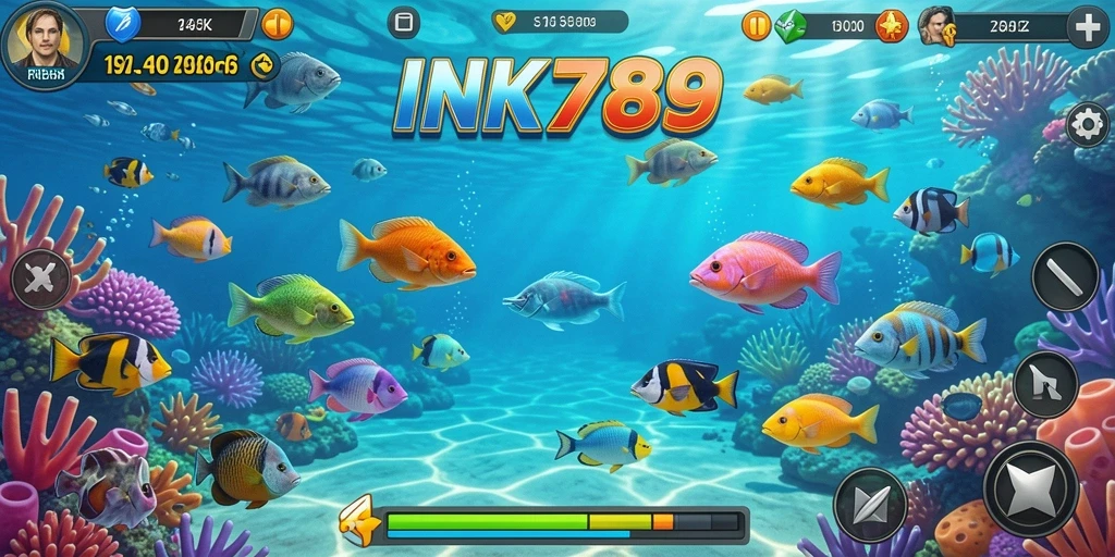Tangkapan layar gameplay <strong>INK789</strong> menunjukkan aksi menembak ikan yang seru dan penuh warna.