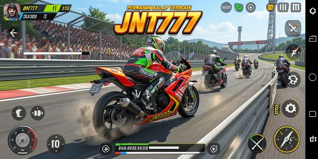 Screenshot JNT777 menampilkan aksi balapan motor yang mendebarkan.