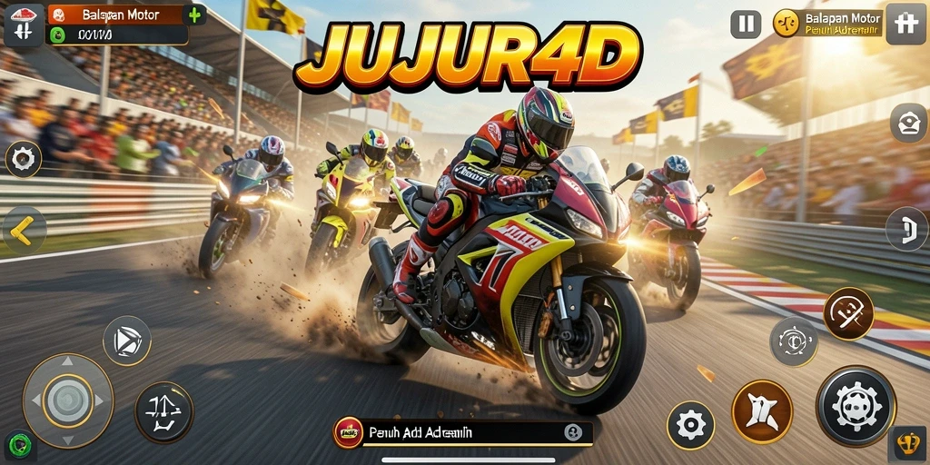 Screenshot gameplay JUJUR4D menampilkan balapan motor yang intens dan mendebarkan.