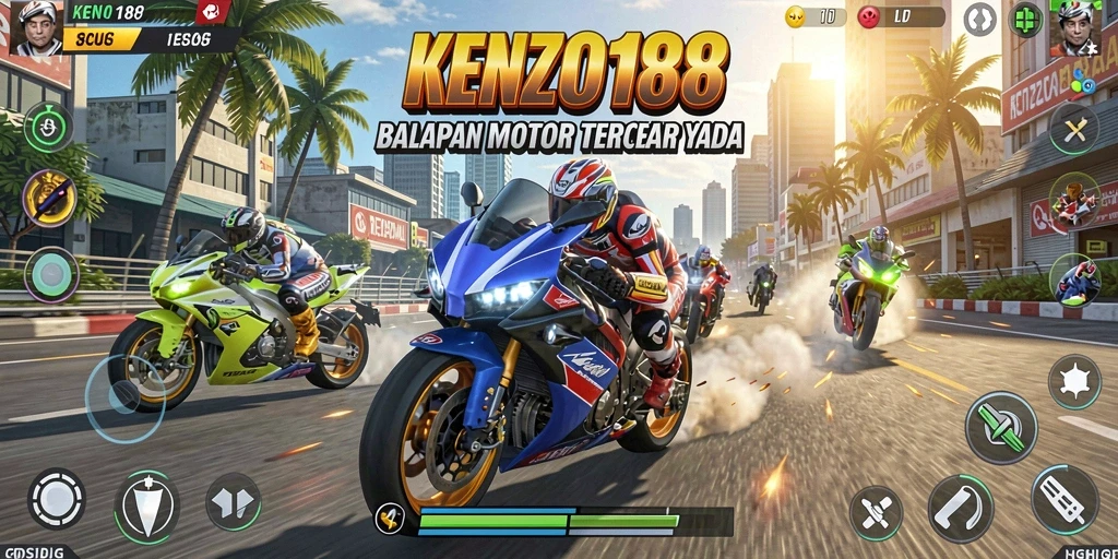 Tampilan gameplay seru di KENZO188, balapan motor mendebarkan.