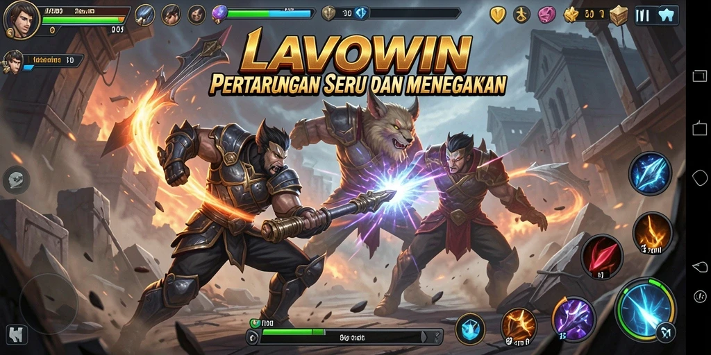 Tampilan pertarungan seru di LAVOWIN dengan berbagai karakter.