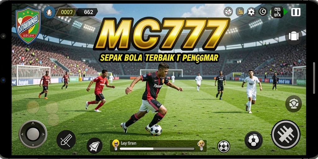 Screenshot gameplay MC777 menunjukkan aksi mendebarkan di lapangan sepak bola.