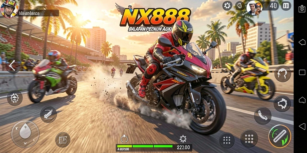 Tangkapan layar <strong>NX888</strong> menampilkan aksi balap motor yang mendebarkan.