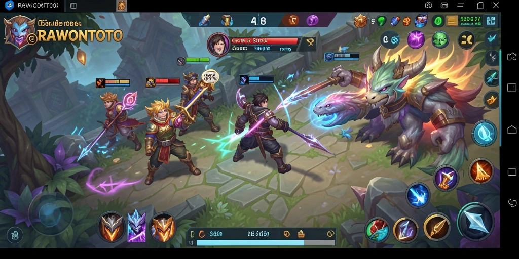 Screenshot gameplay RAWONTOTO menampilkan pertarungan yang epik di arena.