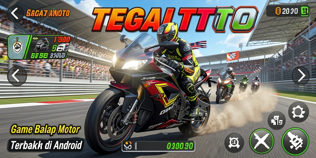 Tampilan gameplay TEGALTOTO yang mendebarkan dengan balapan motor cepat.