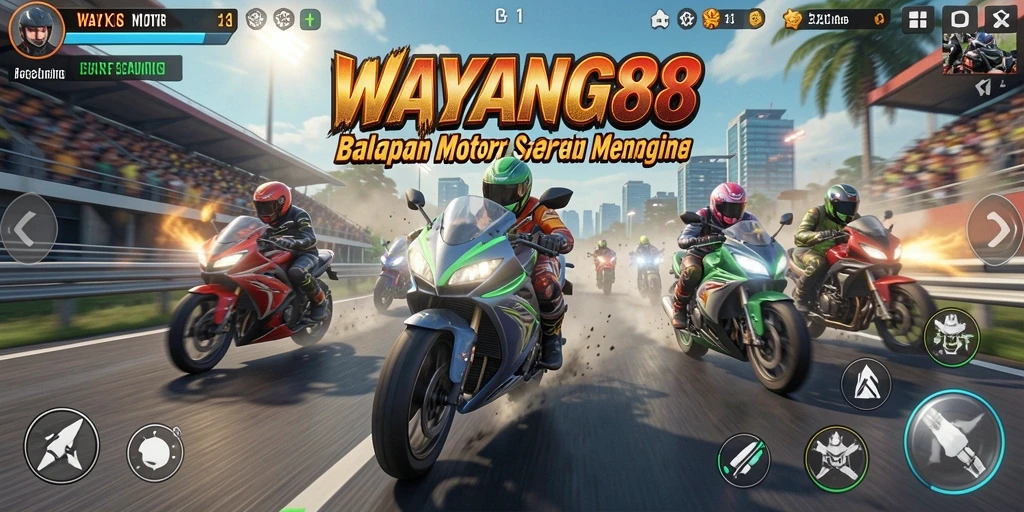 Screenshot gameplay WAYANG88 yang menampilkan balapan motor yang mendebarkan.